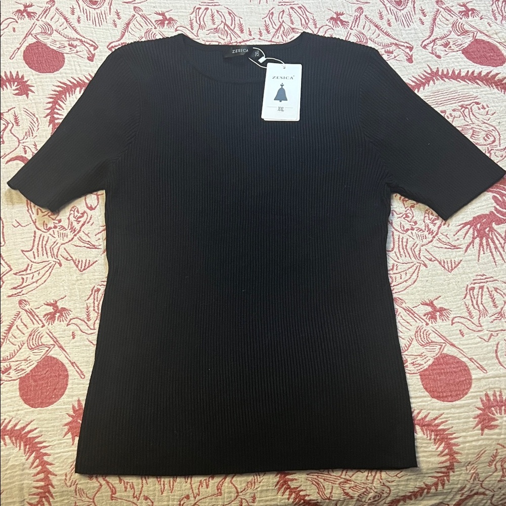 Zesica Elegant Black Ribbed Short Sleeve Sweater size XXL